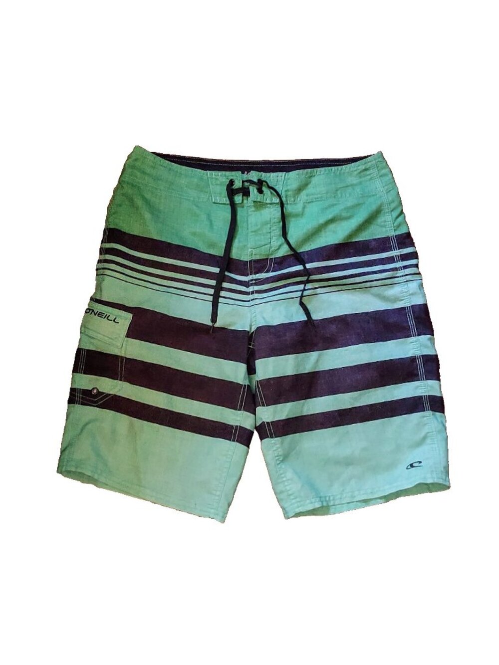 O'Neill Board Shorts Men’s Sz 30 Green Black Striped Swim Trunks Pocket Logo